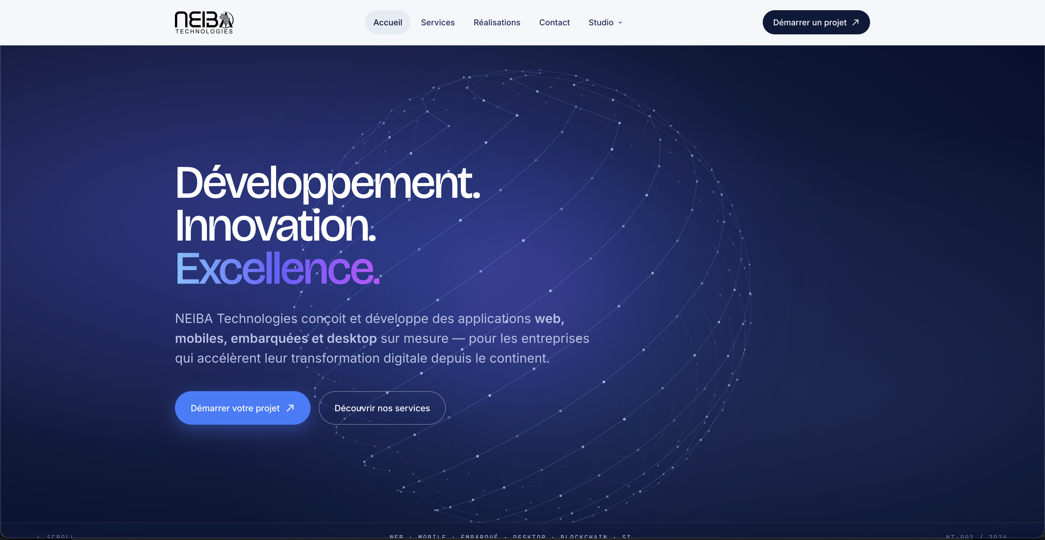NEIBA Technologies hero section with animated globe